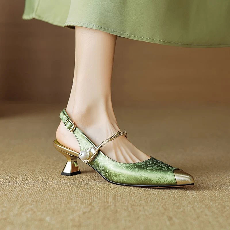Women's Pearl-Accent Pointed Kitten Heels – product view | Hensley London