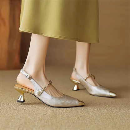 Women's Pearl-Accent Pointed Kitten Heels – product view | Hensley London