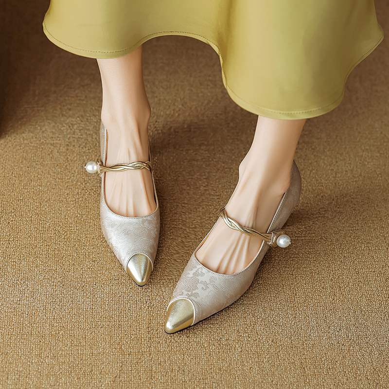 Women's Pearl-Accent Pointed Kitten Heels – product view | Hensley London