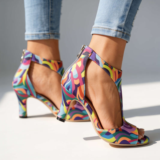 Women's Patterned T-Strap Block Heels – main view | Hensley London