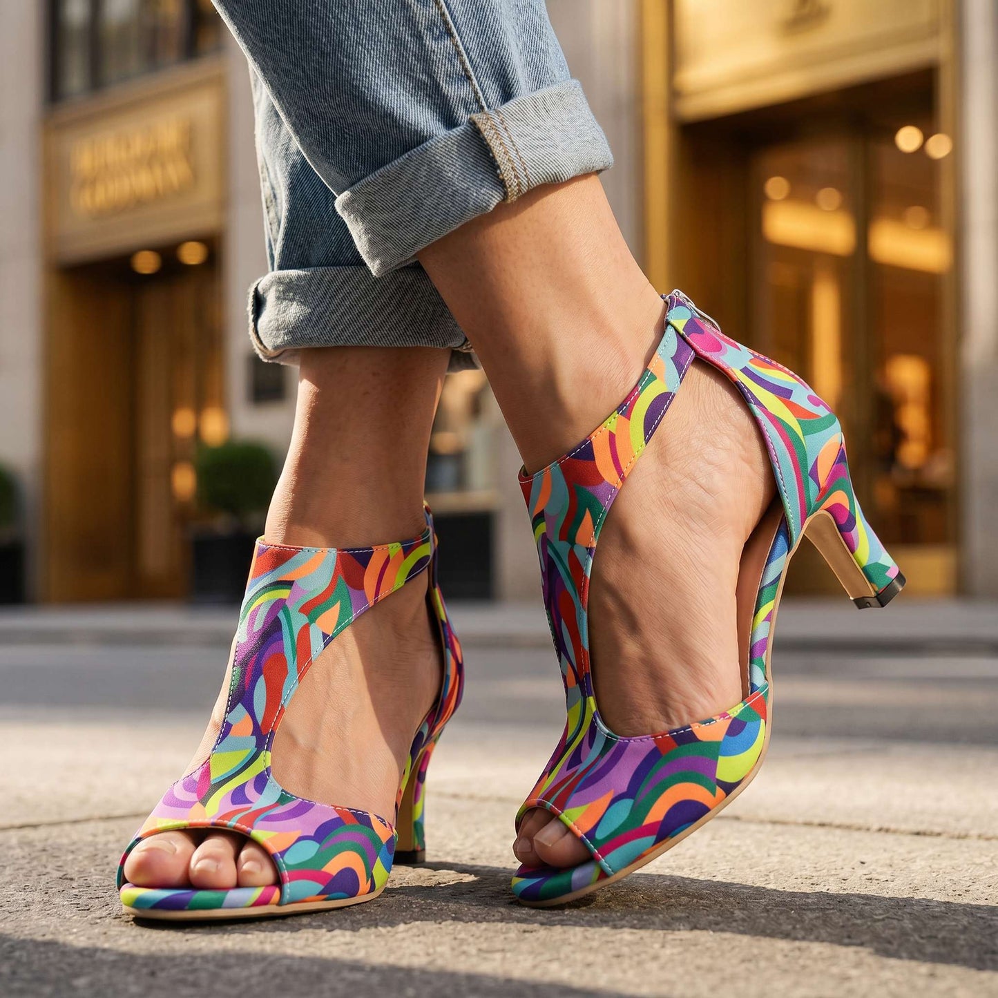 Women's Patterned T-Strap Block Heels – side view | Hensley London