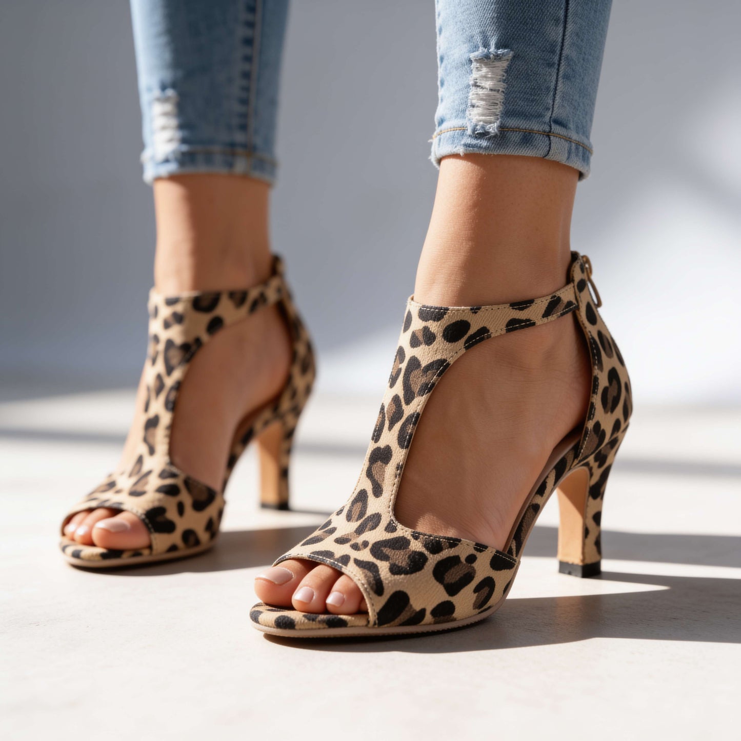 Women's Patterned T-Strap Block Heels – product view | Hensley London