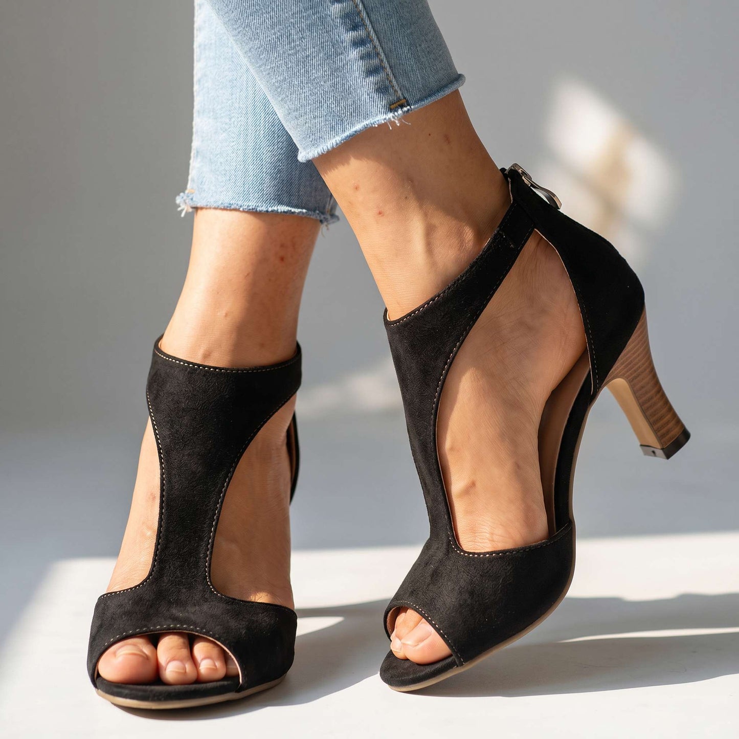 Women's Patterned T-Strap Block Heels – product view | Hensley London
