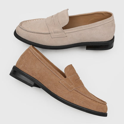 Men's Suede Penny Loafers with Stitched Moc Toe in Apricot - additional view 25 | Hensley London