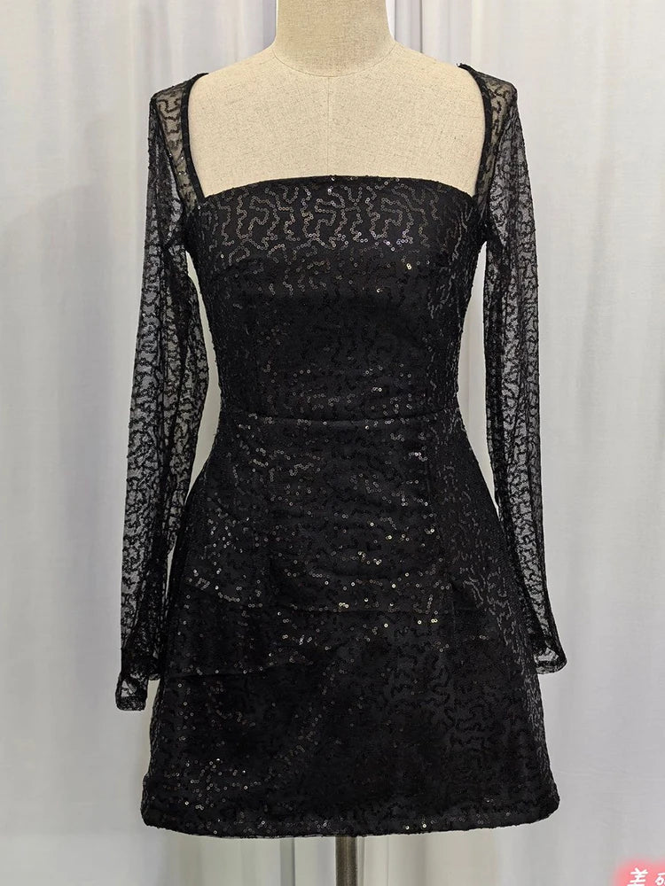 Women's Cocktail Dress Black Sequin Bodycon-6