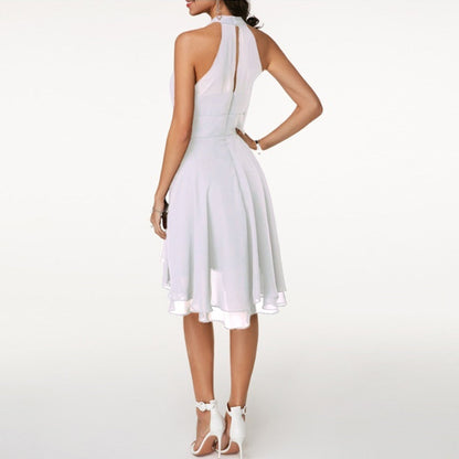 Women's Halter Neck Dress Blue Chiffon High-Low Summer Dress-3