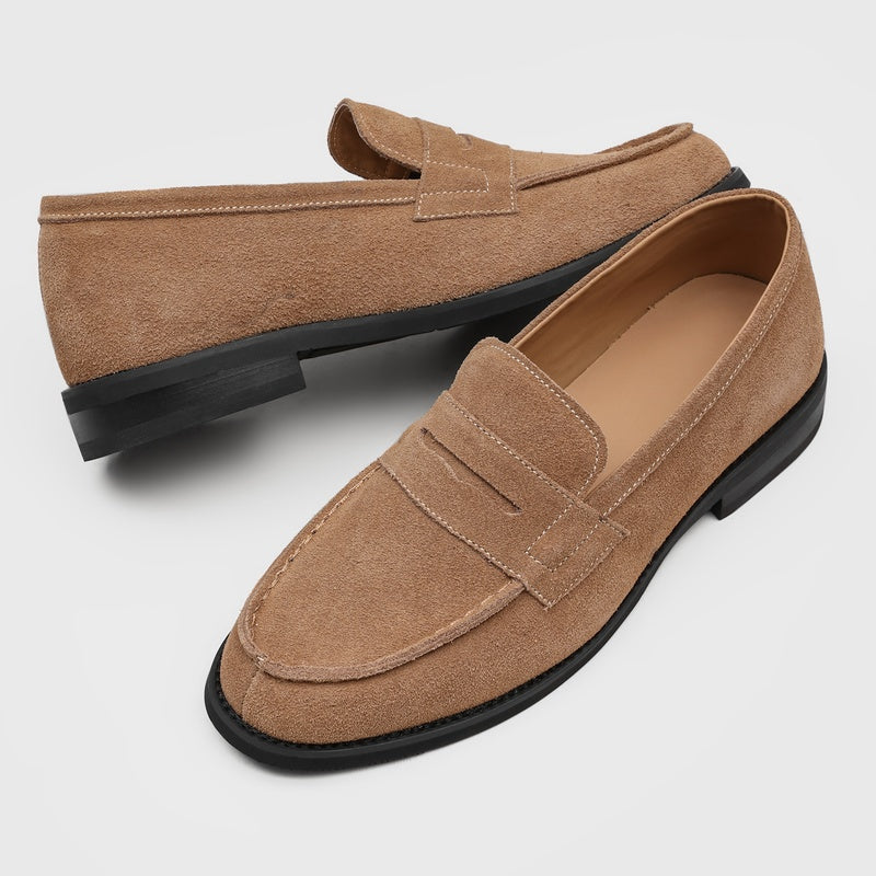 Men's Suede Penny Loafers with Stitched Moc Toe in Apricot - additional view 21 | Hensley London