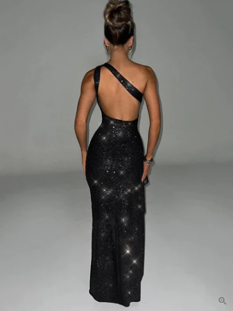 Women's Evening Dress Black Shimmer Fabric One-Shoulder Gown-2