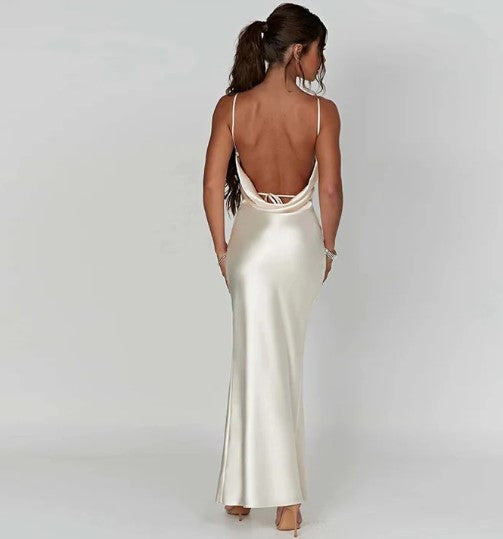 Women's Evening Gown Black Satin Cowl Neck Thigh-High Slit-4