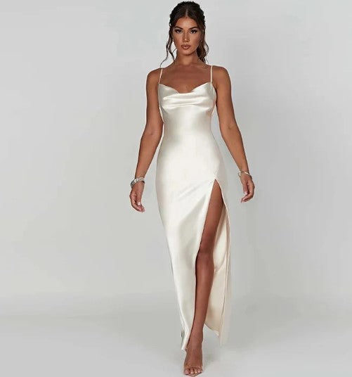 Women's Evening Gown Black Satin Cowl Neck Thigh-High Slit-1