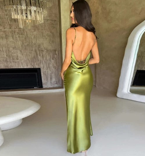 Women's Evening Gown Black Satin Cowl Neck Thigh-High Slit-3