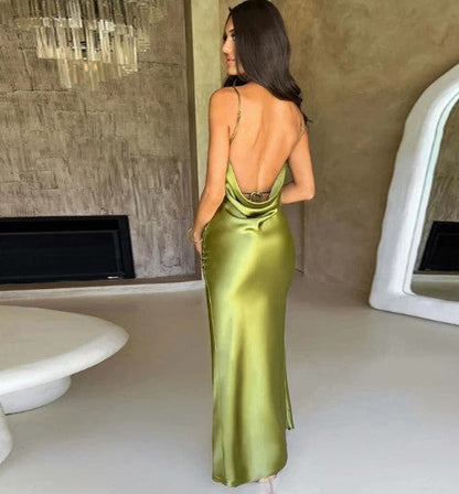 Women's Evening Gown Black Satin Cowl Neck Thigh-High Slit-3