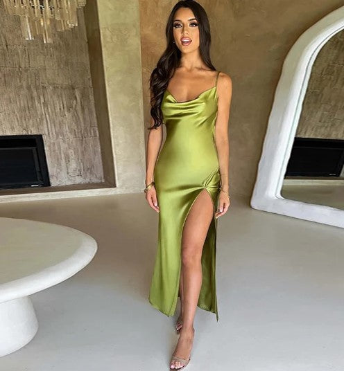 Women's Evening Gown Black Satin Cowl Neck Thigh-High Slit-2