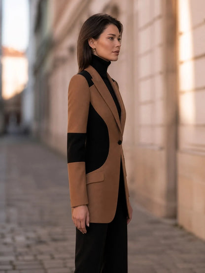Women's Sculpted Colour-Block Single-Button Blazer in Brown – product view | Hensley London