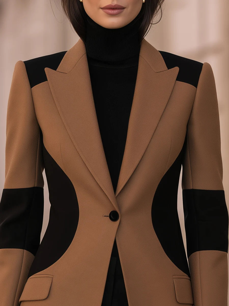 Women's Sculpted Colour-Block Single-Button Blazer in Brown – product view | Hensley London