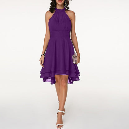Women's Halter Neck Dress Blue Chiffon High-Low Summer Dress-6