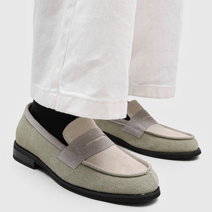Men's Suede Penny Loafers with Stitched Moc Toe in Gray - additional view 32 | Hensley London