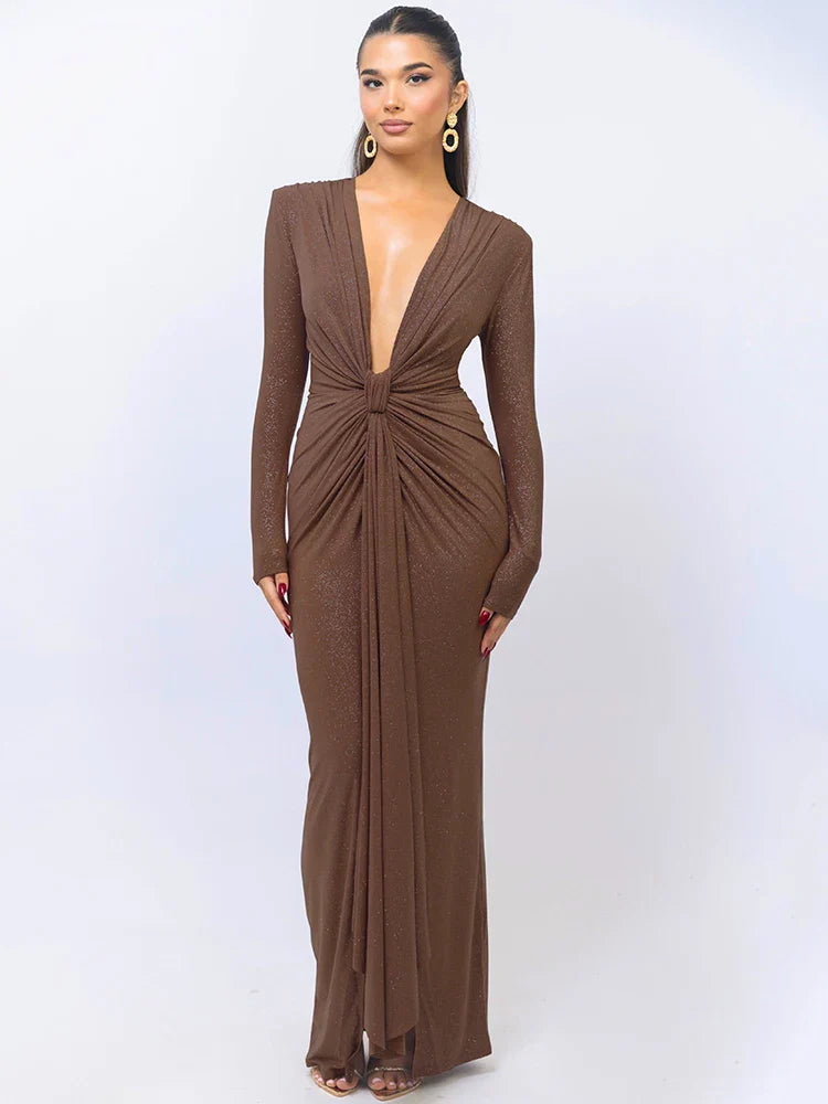 Women's Evening Gown Black Glitter Long Sleeve Ruched-5