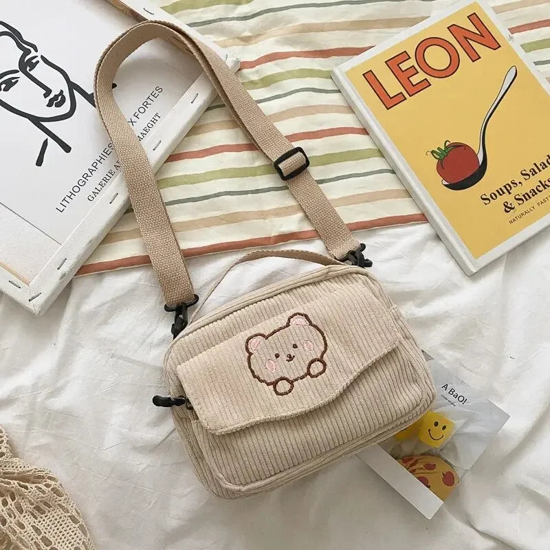 Women's Crossbody Bag Beige One Size Corduroy with Teddy Bear Embroidery-4