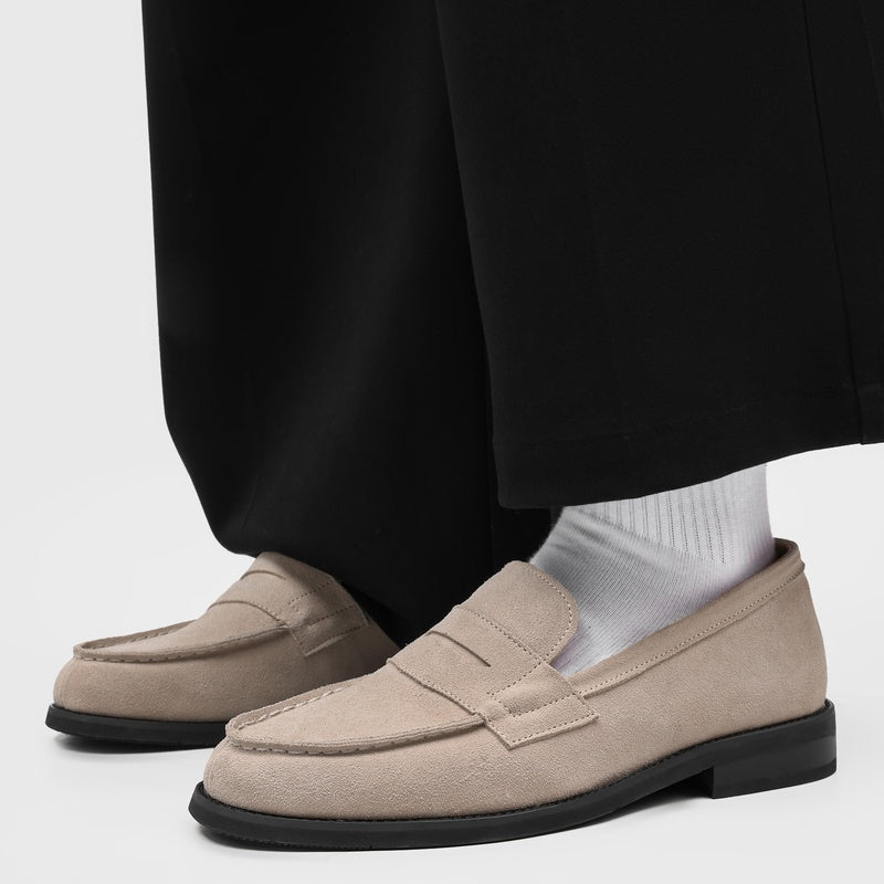 Men's Suede Penny Loafers with Stitched Moc Toe in Beige - additional view 10 | Hensley London