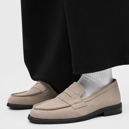 Men's Suede Penny Loafers with Stitched Moc Toe in Beige - additional view 10 | Hensley London