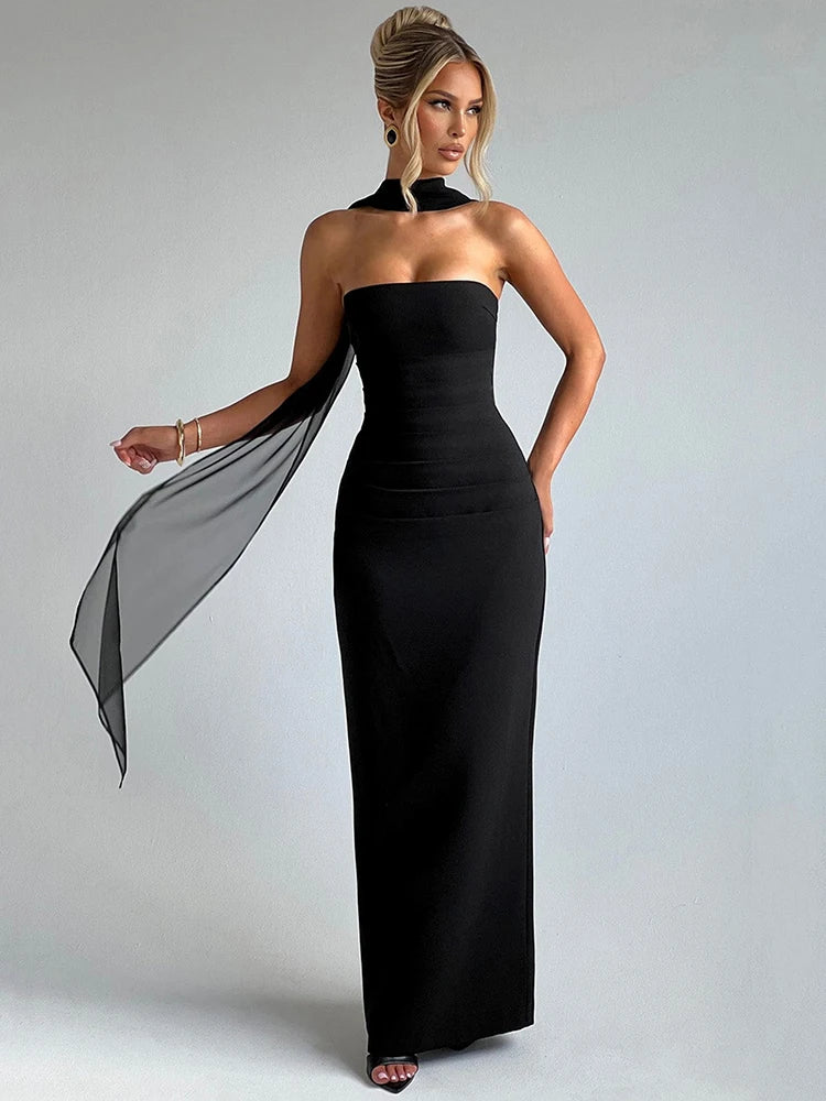 Women's Evening Gown Black Rayon Blend Halter Scarf Detail-2