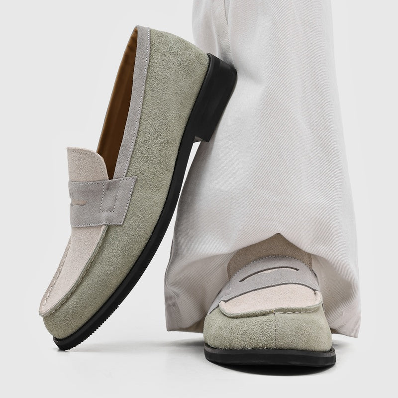 Men's Suede Penny Loafers with Stitched Moc Toe in Gray - additional view 27 | Hensley London