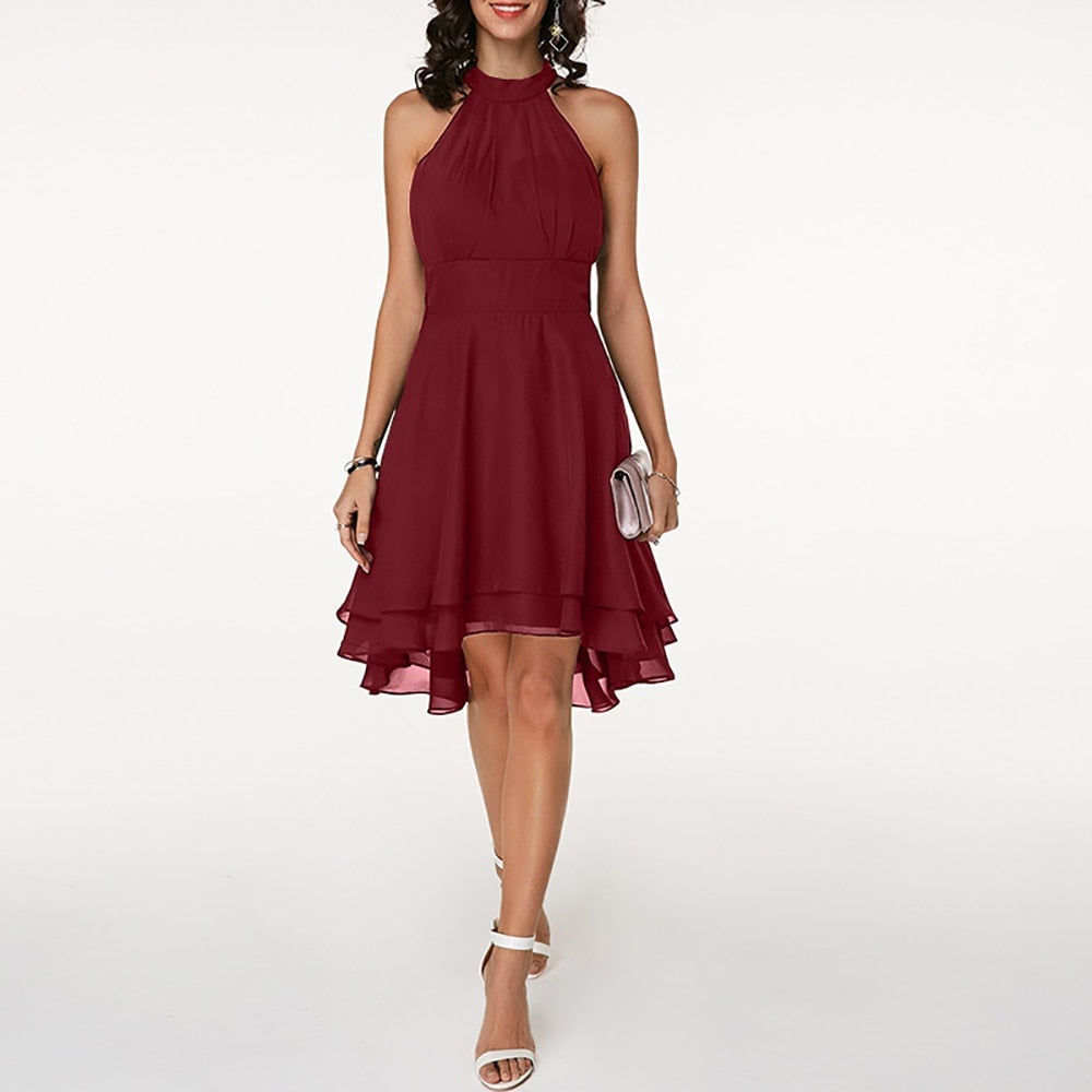 Variant image for Women's Halter Neck Dress Blue Chiffon High-Low Summer Dress-5