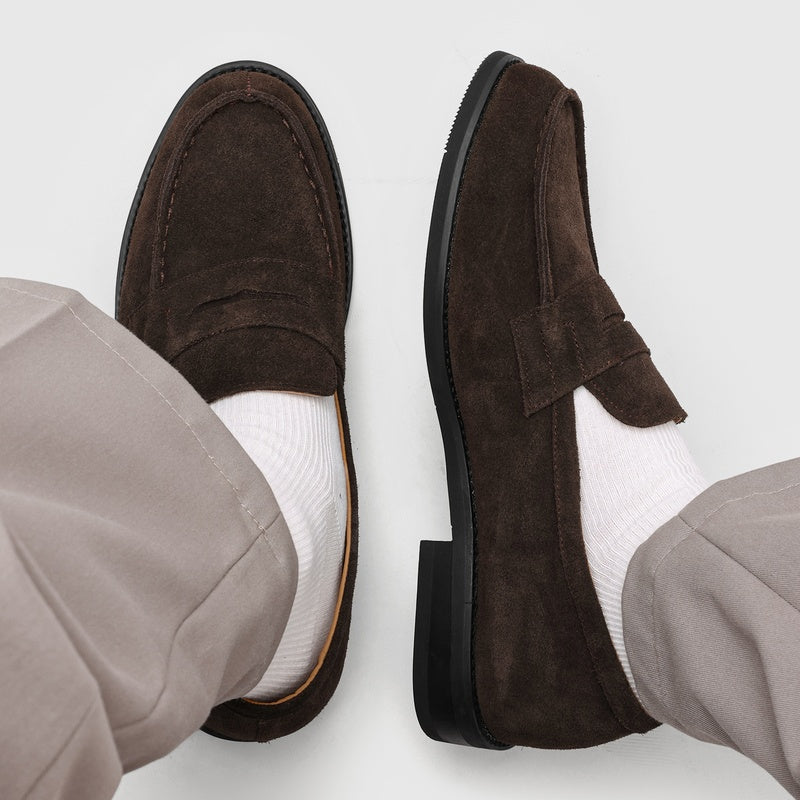 Men's Suede Penny Loafers with Stitched Moc Toe in Dark Brown - additional view 38 | Hensley London