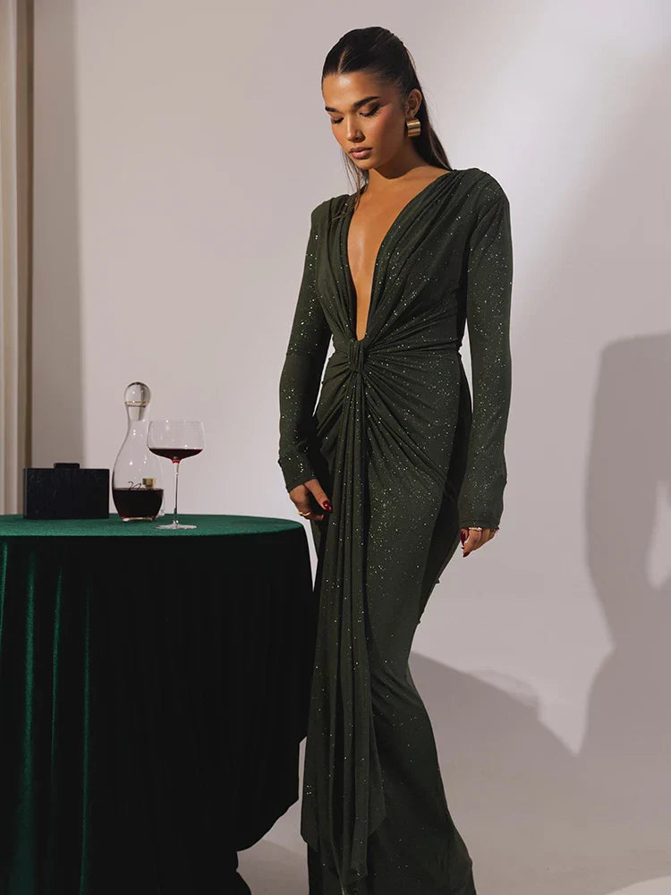 Variant image for Women's Evening Gown Black Glitter Long Sleeve Ruched-7