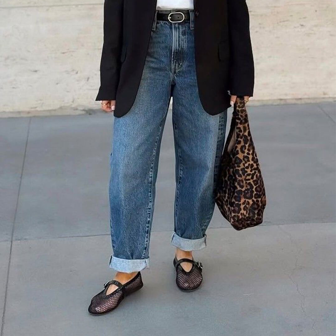 Women's Mesh Mary Jane Ballet Flats in Black – styled with jeans | Hensley London