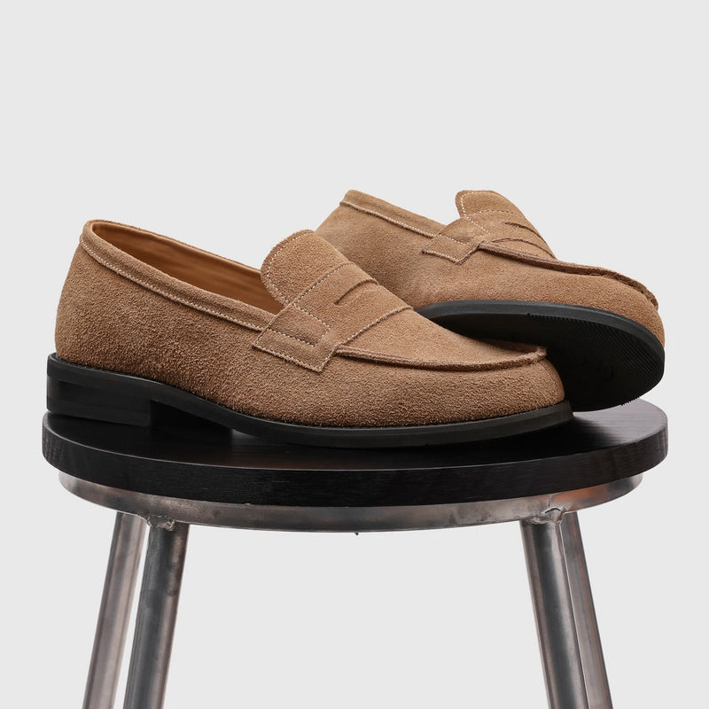 Men's Suede Penny Loafers with Stitched Moc Toe in Apricot - additional view 20 | Hensley London
