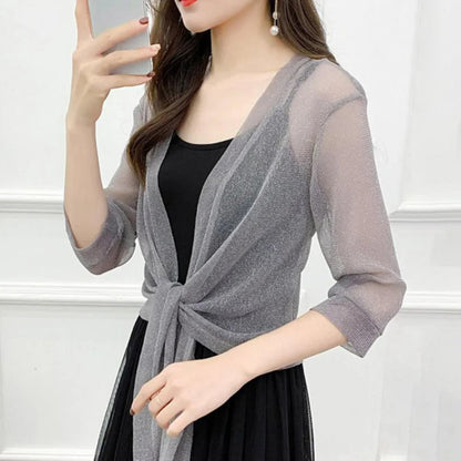 See-through Glittery Front Lace-up Summer Cardigan 1