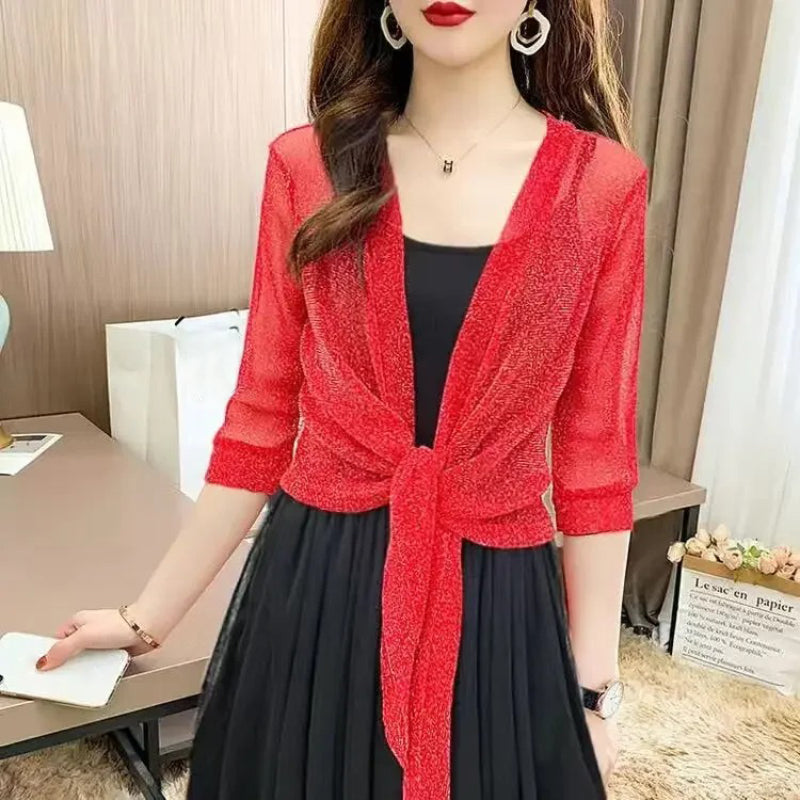 See-through Glittery Front Lace-up Summer Cardigan 6