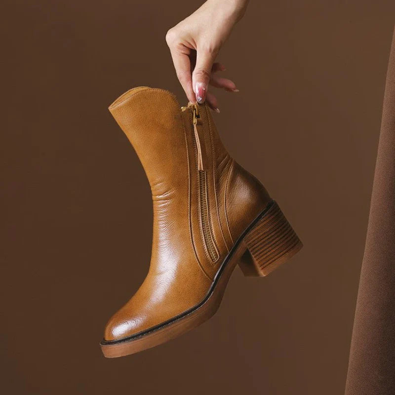 Women's Zip Ankle Boots with Block Heel in Brown - product view | Hensley London