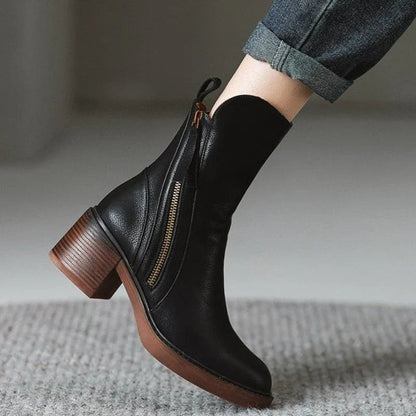 Women's Zip Ankle Boots with Block Heel in Black - product view | Hensley London