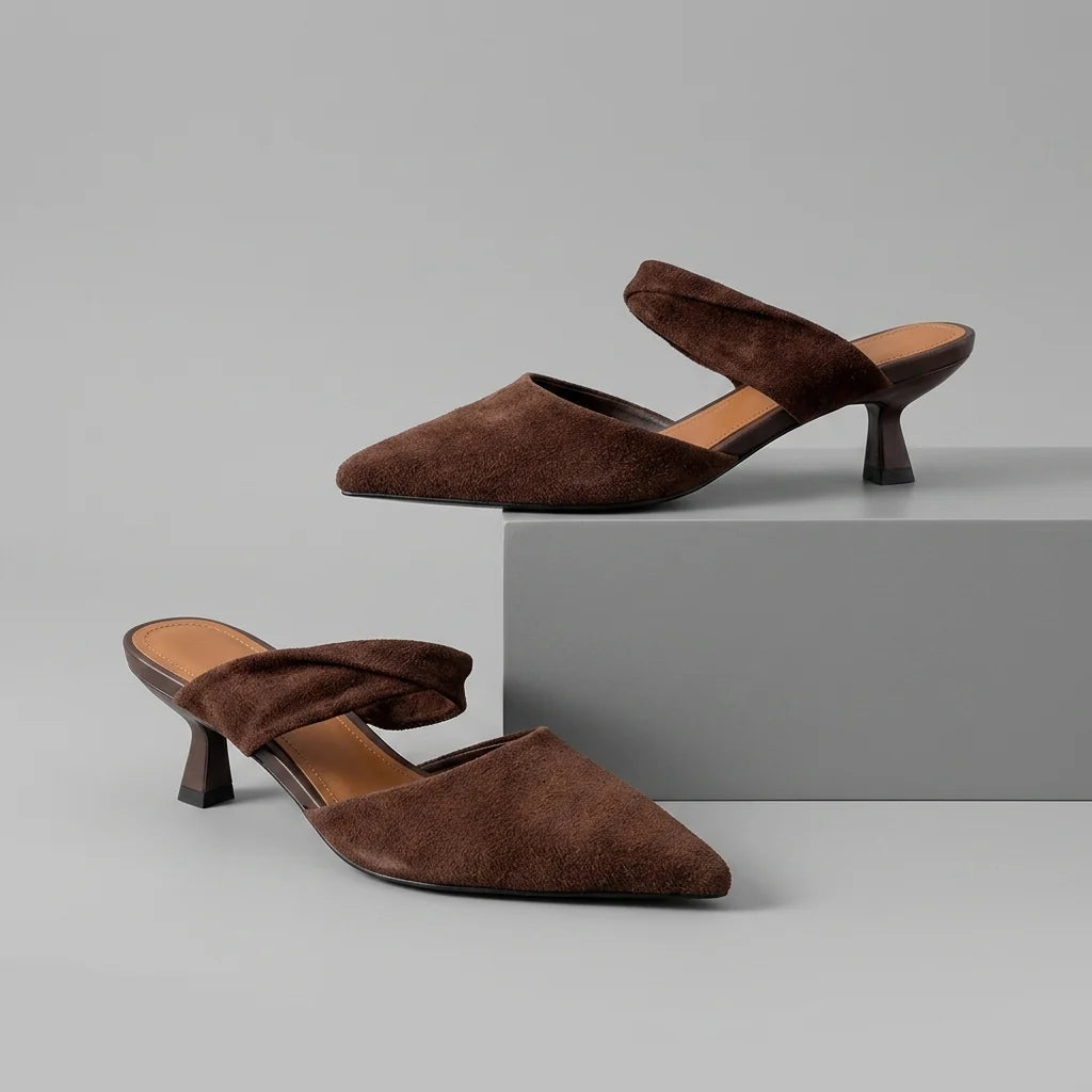 Women's Pointed-Toe Sculptural-Heel Mules in Chocolate – product view | Hensley London