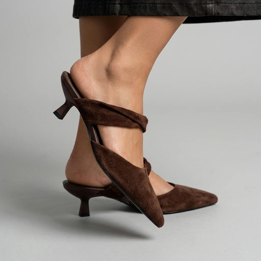 Women's Pointed-Toe Sculptural-Heel Mules – product view | Hensley London
