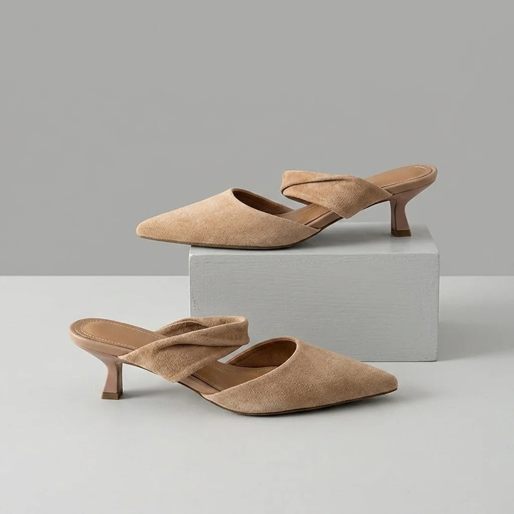 Women's Pointed-Toe Sculptural-Heel Mules in Beige – product view | Hensley London