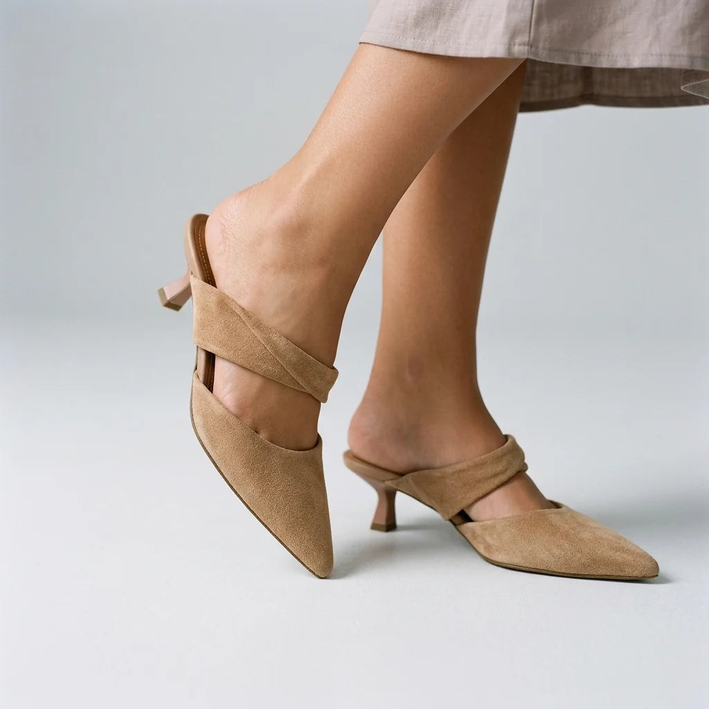 Women's Pointed-Toe Sculptural-Heel Mules – product view | Hensley London