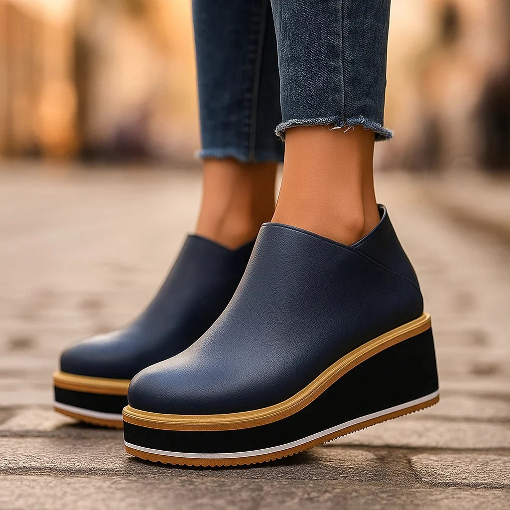 Women's Faux Leather Side-Zip Wedge Ankle Boots in Deep Blue – Product view | Hensley London