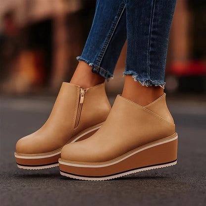 Women's Faux Leather Side-Zip Wedge Ankle Boots in Light Khaki – Product view | Hensley London
