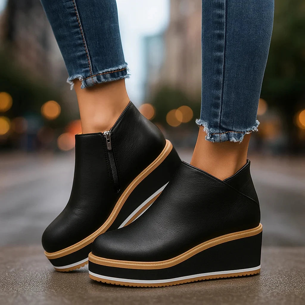 Women's Faux Leather Side-Zip Wedge Ankle Boots in Classic Black – Product view | Hensley London