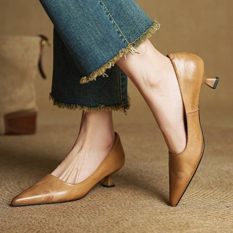 Women's Leather Kitten Heels – Serane Pointed Toe