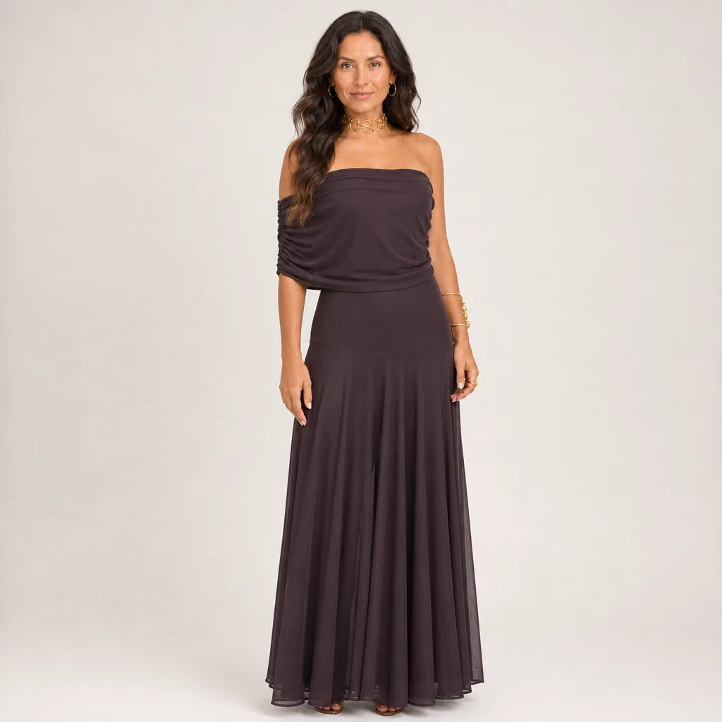 Women's Mesh One-Shoulder Evening Gown in Green – front view | Hensley London