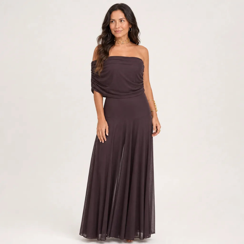 Women's Mesh One-Shoulder Evening Gown in Pink – front view | Hensley London