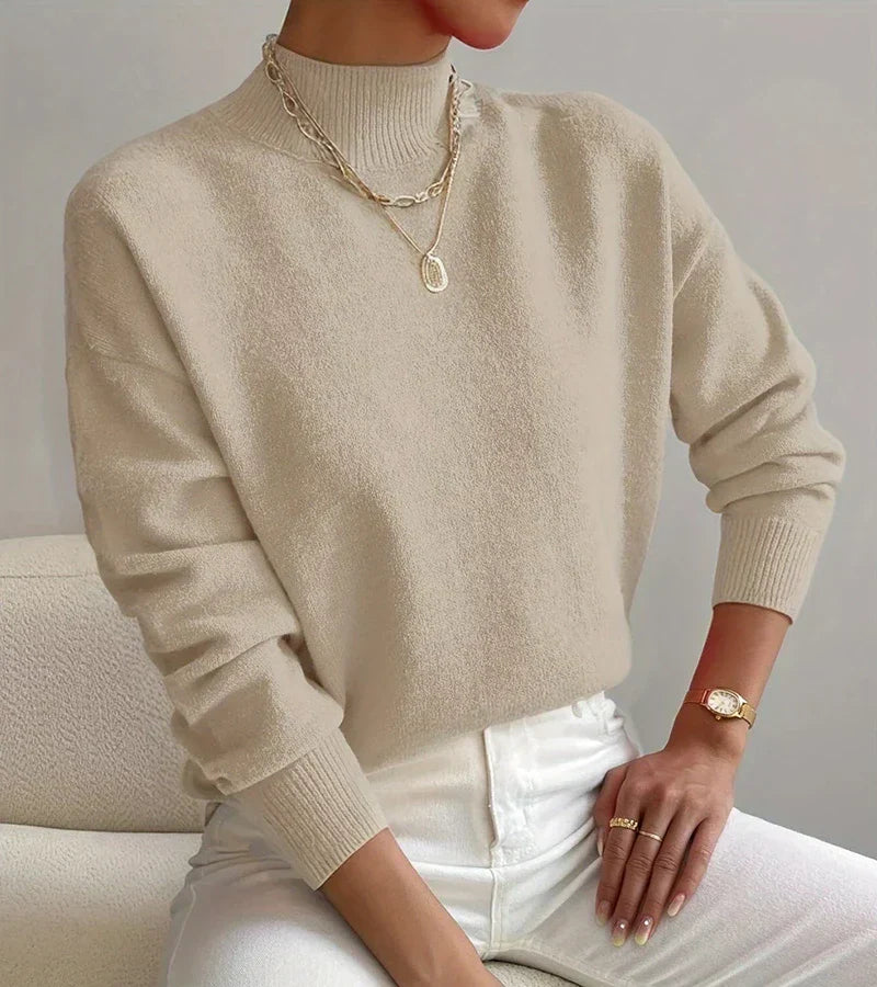 Women's Mock-Neck Relaxed Long-Sleeve Sweater in Khaki – product view | Hensley London