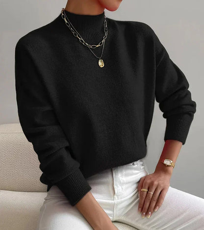 Women's Mock-Neck Relaxed Long-Sleeve Sweater in Black – product view | Hensley London