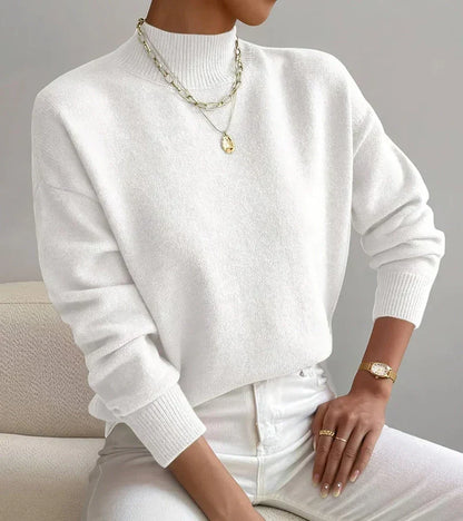 Women's Mock-Neck Relaxed Long-Sleeve Sweater in White – product view | Hensley London