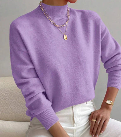 Women's Mock-Neck Relaxed Long-Sleeve Sweater in Light Purple – product view | Hensley London